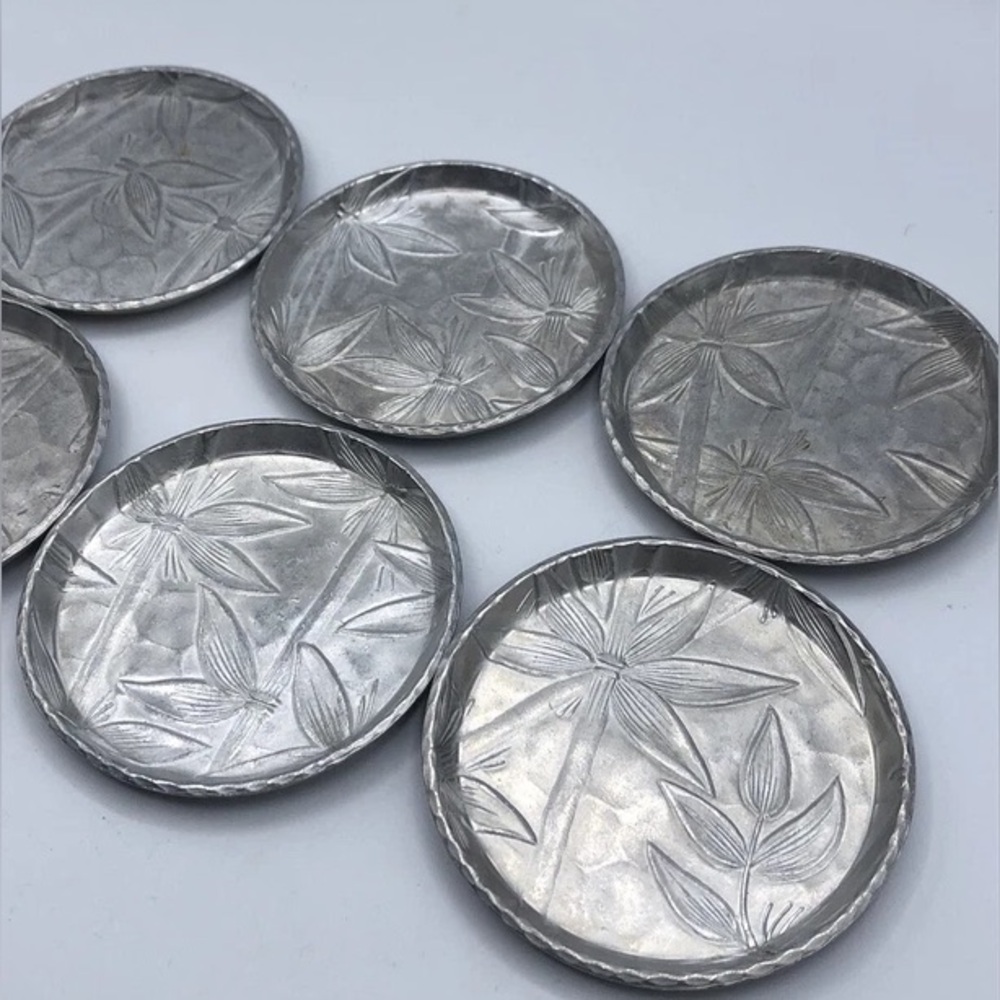 Vintage Aluminum Bamboo Coaster Set